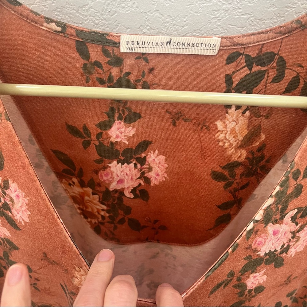 Peruvian Connection Rust Floral Midi Dress with Pink Roses - Picture 5 of 7